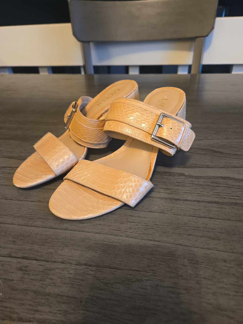 Lauren Ralph Lauren Carie II Nude Leather Block Heel Buckle Sandals Womens 7. 5